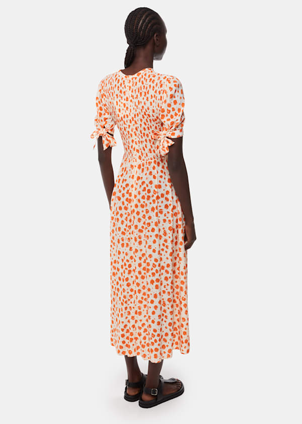 Orange Spot Shirred Midi Dress